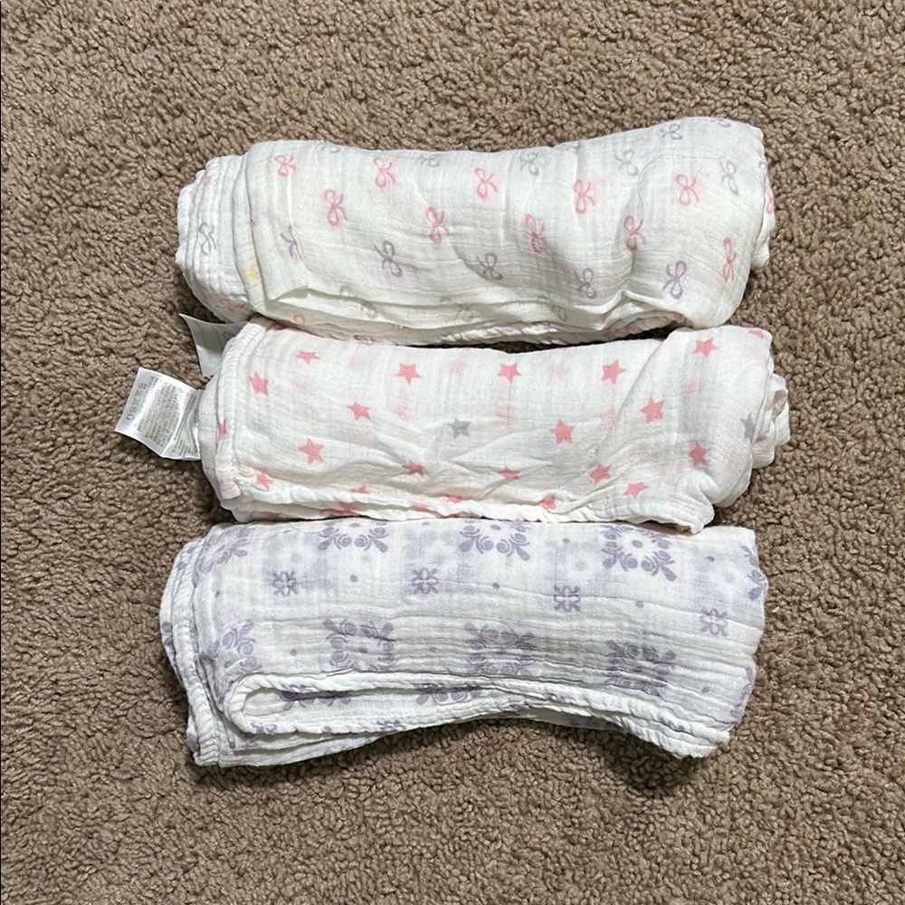 Soft Baby Muslin Swaddle Blankets - Pink, Purple, and White